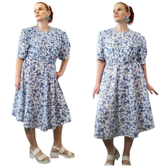 VTG 80s White Blue Floral Belted Midi Dress Size 20P *fits like XL Petite - Picture 6 of 16